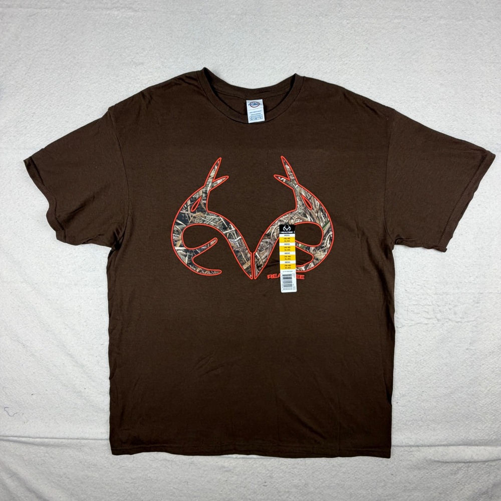 Realtree Mens XL Graphic T-Shirt Brown Camo Antler Logo Cotton Short Sleeve NEW